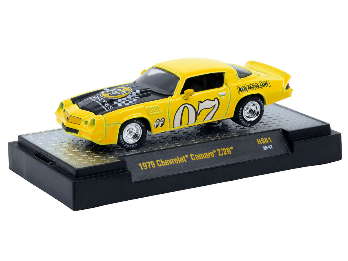 1979 Chevrolet Camaro Z/28 "MoonEyes" Yellow with Black Hood and Graphics Limited Edition to 10428 pieces Worldwide 1/64 Diecast Model Car by M2 Machines by M2