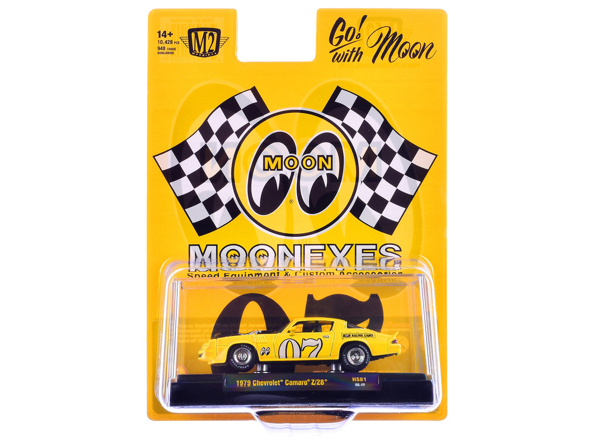 1979 Chevrolet Camaro Z/28 "MoonEyes" Yellow with Black Hood and Graphics Limited Edition to 10428 pieces Worldwide 1/64 Diecast Model Car by M2 Machines by M2