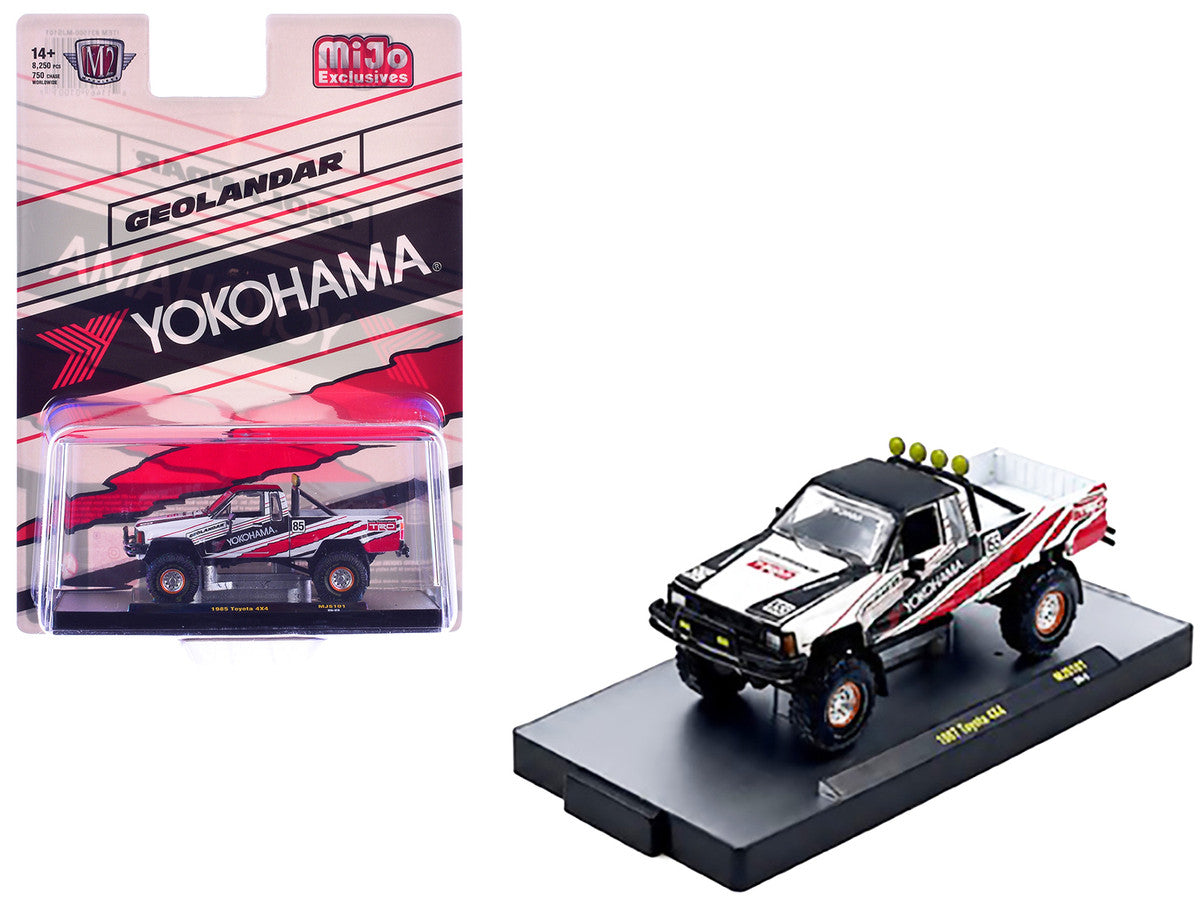 1985 Toyota SR5 4×4 Pickup Truck #85 "Yokohama" White with Black Top and Red and Black Graphics Limited Edition to 8250 pieces Worldwide 1/64 Diecast Model Car by M2 Machines-2