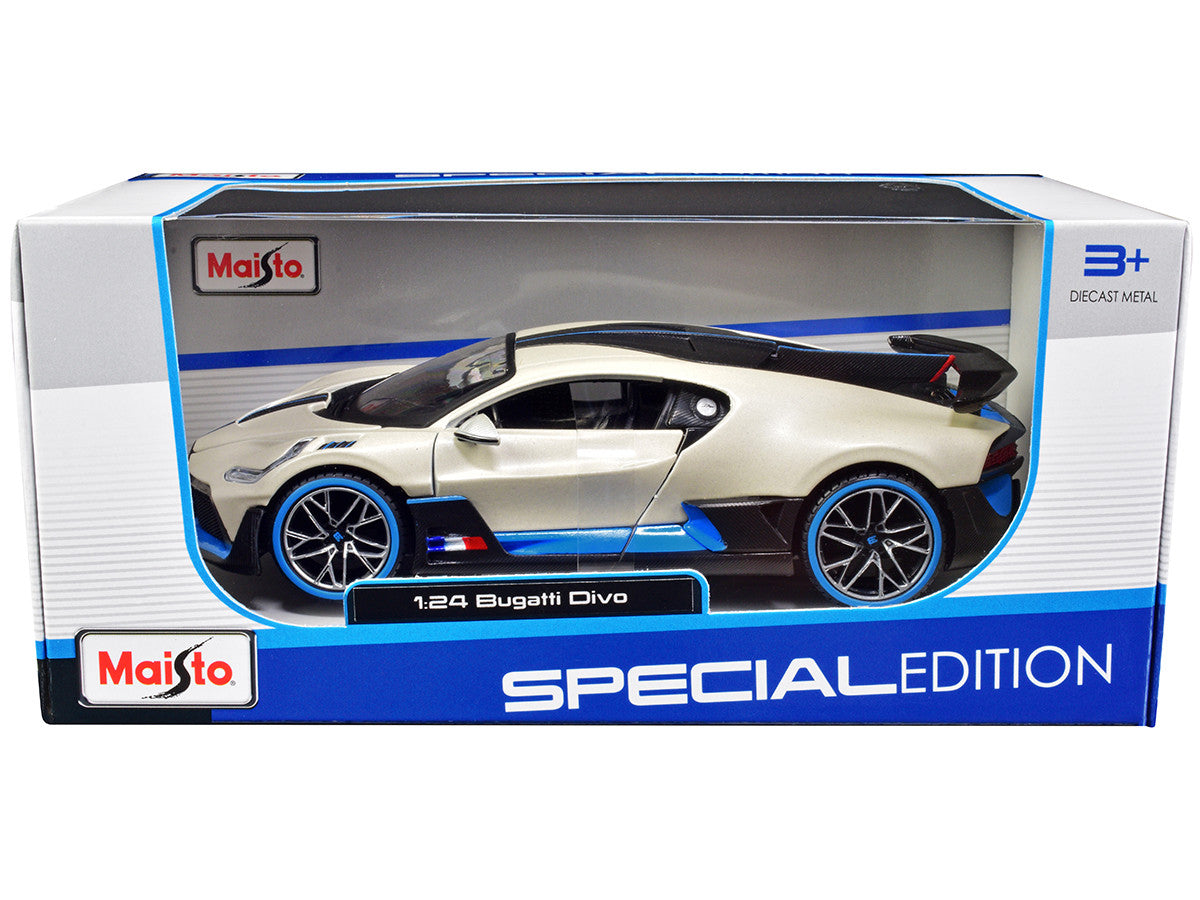 Bugatti Divo Satin White Metallic with Carbon and Blue Accents "Special Edition" 1/24 Diecast Model Car by Maisto by Maisto