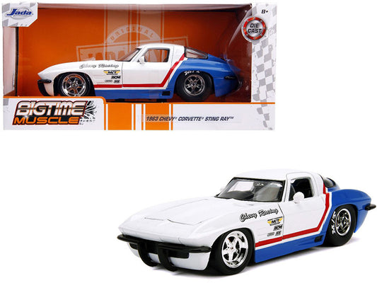 1963 Chevrolet Corvette Stingray White and Blue with Red Stripe "Chevy Racing" "Bigtime Muscle" 1/24 Diecast Model Car by Jada by Jada