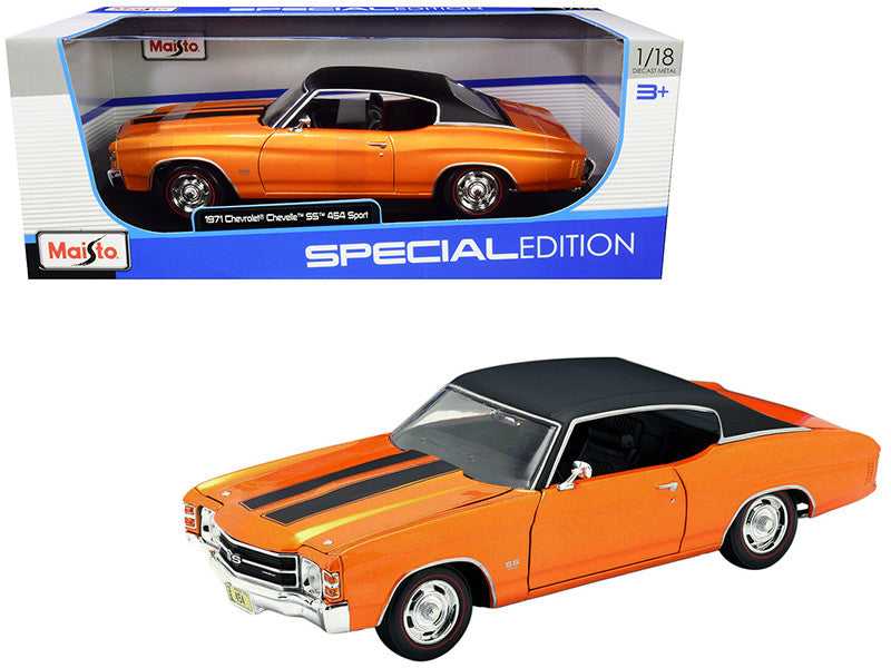1971 Chevrolet Chevelle SS 454 Sport Orange Metallic with Black Top and Black Stripes 1/18 Diecast Model Car by Maisto by Maisto