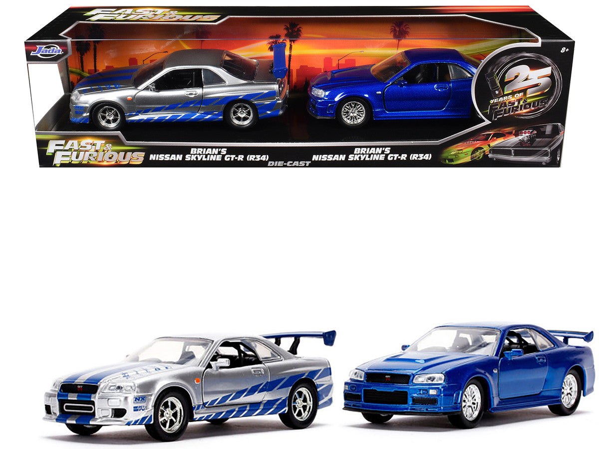 Brian's Nissan Skyline GT-R (BNR34) Silver with Blue Stripes and Nissan GT-R (BNR34) Blue Metallic Set of 2 pieces "25 Years of Fast & Furious" Series 1/32 Diecast Model Cars by Jada by Jada