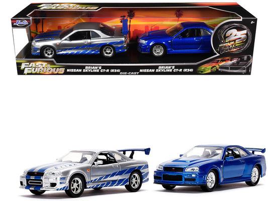 Brian's Nissan Skyline GT-R (BNR34) Silver with Blue Stripes and Nissan GT-R (BNR34) Blue Metallic Set of 2 pieces "25 Years of Fast & Furious" Series 1/32 Diecast Model Cars by Jada by Jada
