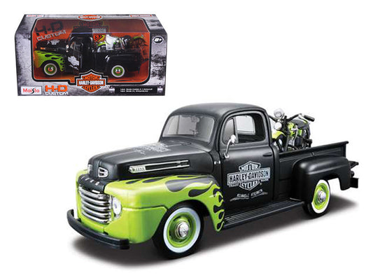 1948 Ford F-1 Pickup Truck "Harley Davidson" with 1948 Harley Davidson FL Panhead Motorcycle Black and Green 1/24 Diecast Models by Maisto by Maisto