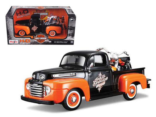 1948 Ford F-1 Pickup Truck with 1958 Harley Davidson FLH Duo Glide Motorcycle Orange and Black 1/24 Diecast Models by Maisto by Maisto