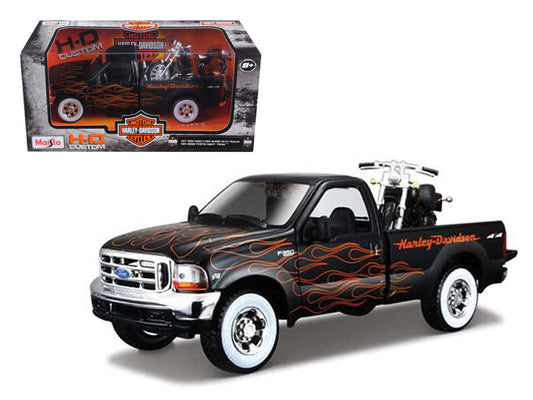 1999 Ford F-350 Super Duty Pickup Black with Flames 1/27 & 2002 Harley Davidson FLSTB Motorcycle Night Train 1/24 Diecast Models by Maisto by Maisto
