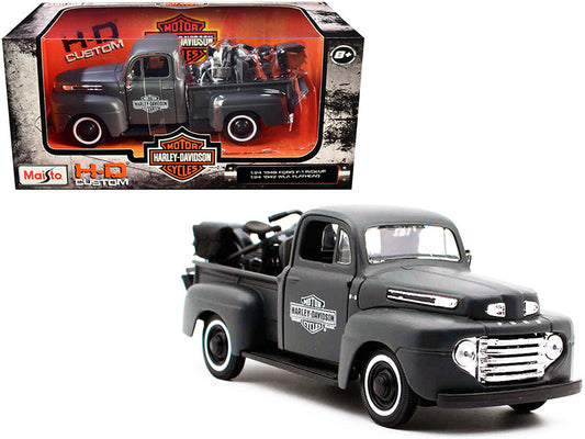 1948 Ford F-1 Pickup Truck and 1942 Harley-Davidson WLA Flathead Motorcycle Matt Dark Gray "Harley-Davidson Custom" 1/24 Diecast Models by Maisto by Maisto