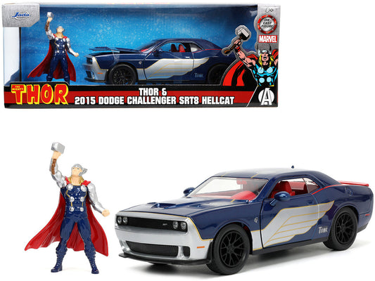 2015 Dodge Challenger SRT Hellcat Dark Blue with Graphics and Red Interior and Thor Diecast Figure "The Mighty Thor" "Marvel" Series 1/24 Diecast Model Car by Jada by Jada