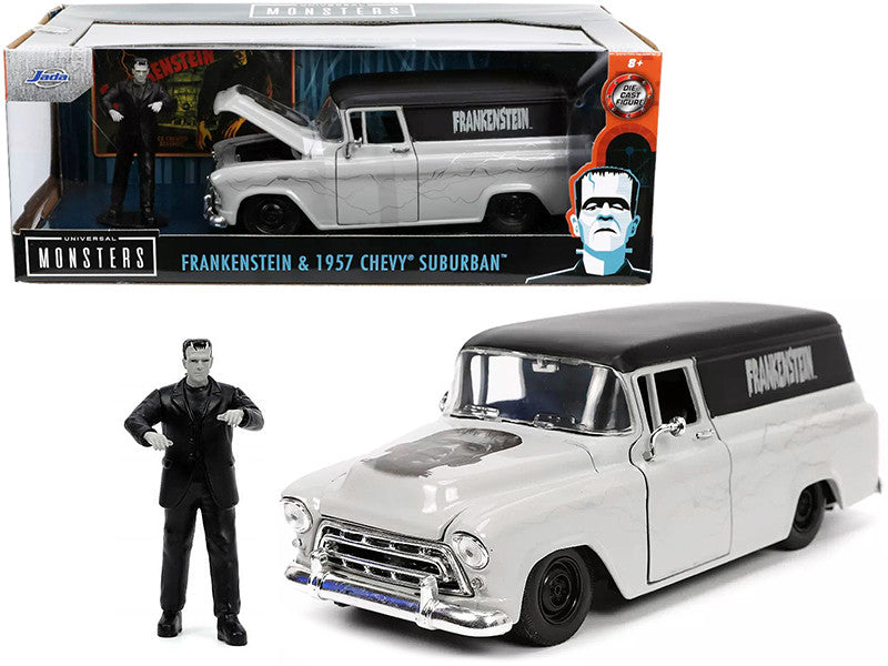 1957 Chevrolet Suburban Gray and Black with Graphics and Frankenstein Diecast Figurine "Universal Monsters" "Hollywood Rides" Series 1/24 Diecast Model Car by Jada by Jada