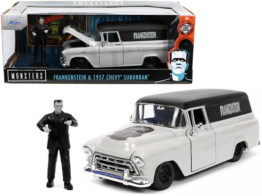 1957 Chevrolet Suburban Gray and Black with Graphics and Frankenstein Diecast Figurine "Universal Monsters" "Hollywood Rides" Series 1/24 Diecast Model Car by Jada by Jada