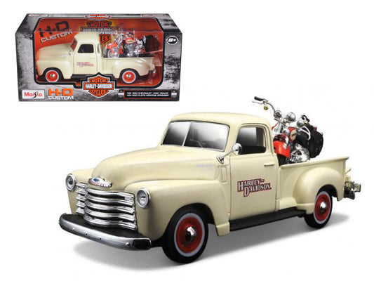 1950 Chevrolet 3100 Pickup Truck Cream 1/25 and 2001 FLSTS Heritage Springer Motorcycle Orange 1/24 "Harley-Davidson Custom" Series Diecast Models by Maisto by Maisto