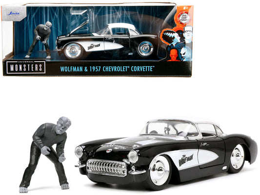 1957 Chevrolet Corvette Black with White Top and Wolfman Diecast Figure "Universal Monsters" "Hollywood Rides" Series 1/24 Diecast Model Car by Jada by Jada