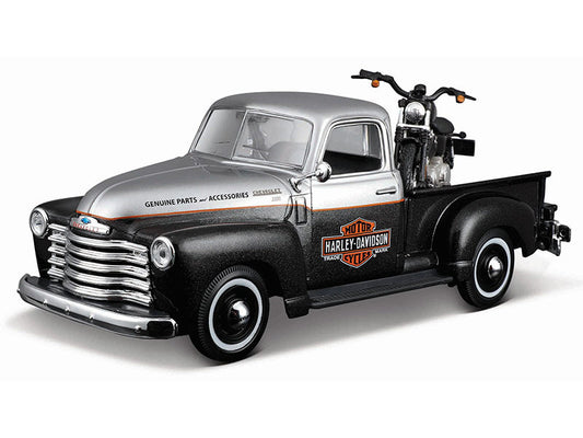 1950 Chevrolet 3100 Pickup Truck "Harley Davidson" Silver Metallic and Black with 1948 Harley Davidson FL Panhead Motorcycle Black "HD Custom" Series 1/24 Diecast Models by Maisto by Maisto