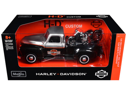 1950 Chevrolet 3100 Pickup Truck "Harley Davidson" Silver Metallic and Black with 1948 Harley Davidson FL Panhead Motorcycle Black "HD Custom" Series 1/24 Diecast Models by Maisto by Maisto