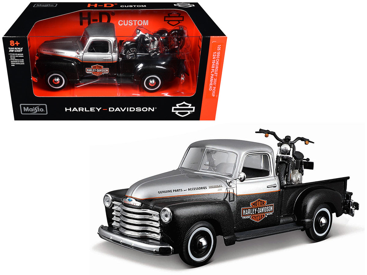 1950 Chevrolet 3100 Pickup Truck "Harley Davidson" Silver Metallic and Black with 1948 Harley Davidson FL Panhead Motorcycle Black "HD Custom" Series 1/24 Diecast Models by Maisto by Maisto