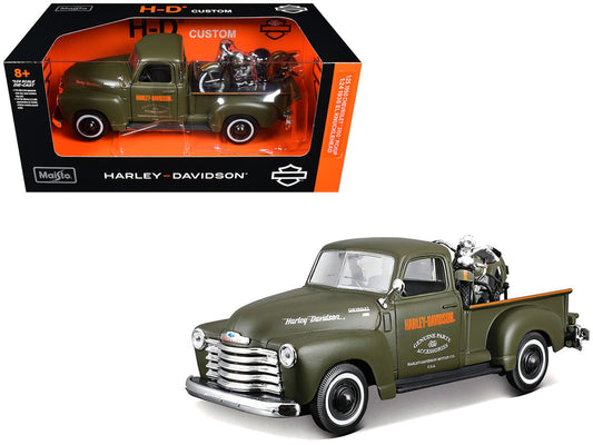 1950 Chevrolet 3100 Pickup Truck "Harley Davidson" Matt Green with 1936 Harley Davidson El Knucklehead Motorcycle Matt Green "HD Custom" Series 1/24 Diecast Model Car by Maisto by Maisto