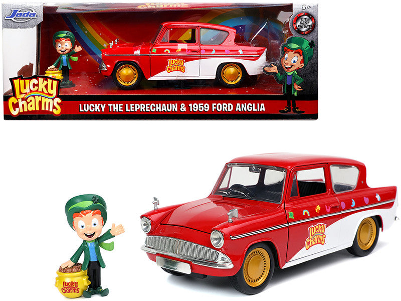 1959 Ford Anglia Red and White with Lucky the Leprechaun Diecast Figurine "Lucky Charms" 1/24 Diecast Model Car by Jada by Jada