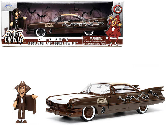 1959 Cadillac Coupe DeVille Brown and White with Graphics and Count Chocula Diecast Figurine "Hollywood Rides" Series 1/24 Diecast Model Car by Jada by Jada