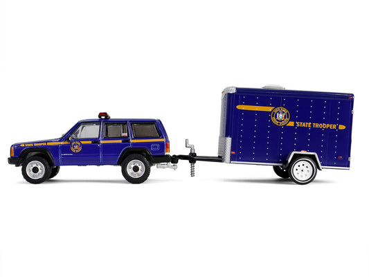 2001 Jeep Cherokee "New York State Police" Blue with Yellow Stripes and Small Cargo Trailer "Hot Pursuit Hitch & Tow" Series 1 1/64 Diecast Model Cars by Greenlight by Greenlight
