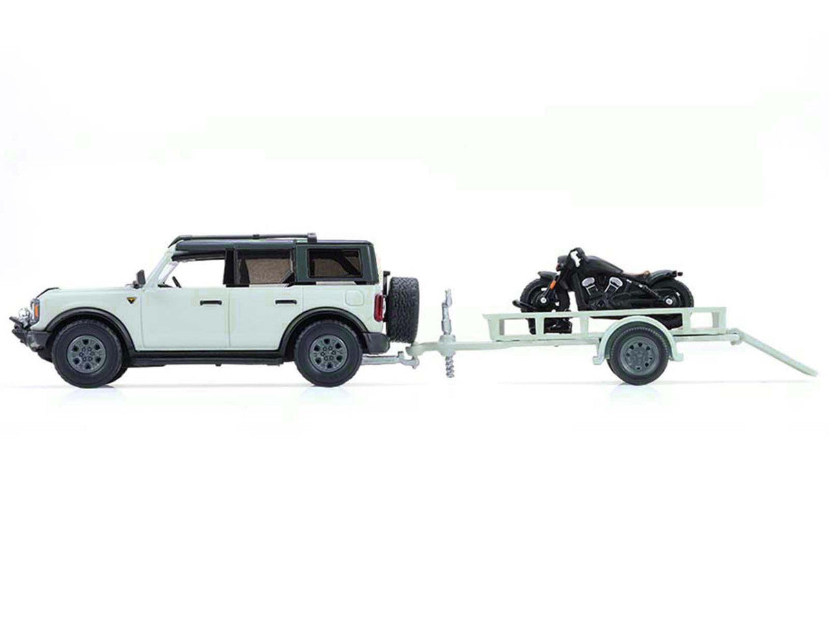 2021 Ford Bronco 4-Door Badlands Cactus Gray with Black Top and Motorcycle with Utility Trailer "Hitch & Tow" Series 33 1/64 Diecast Model Cars by Greenlight by Greenlight