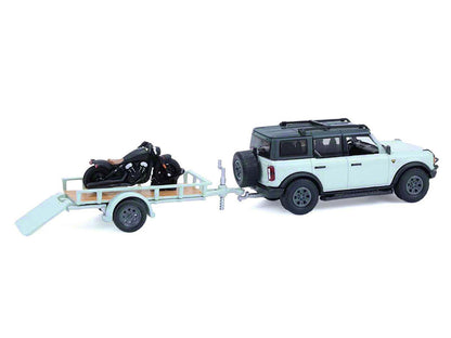 2021 Ford Bronco 4-Door Badlands Cactus Gray with Black Top and Motorcycle with Utility Trailer "Hitch & Tow" Series 33 1/64 Diecast Model Cars by Greenlight by Greenlight