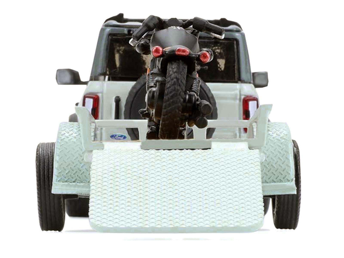 2021 Ford Bronco 4-Door Badlands Cactus Gray with Black Top and Motorcycle with Utility Trailer "Hitch & Tow" Series 33 1/64 Diecast Model Cars by Greenlight by Greenlight