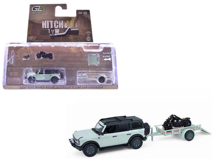 2021 Ford Bronco 4-Door Badlands Cactus Gray with Black Top and Motorcycle with Utility Trailer "Hitch & Tow" Series 33 1/64 Diecast Model Cars by Greenlight by Greenlight