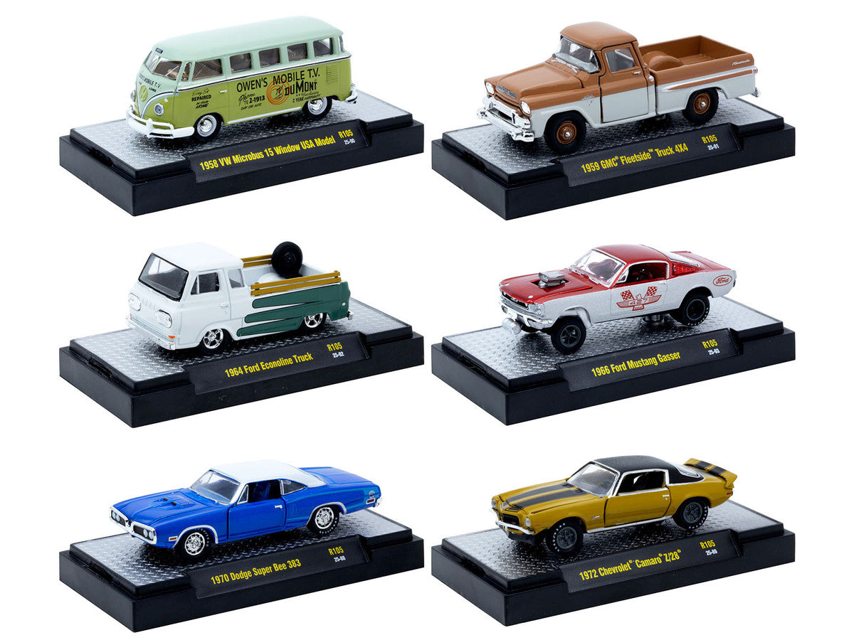 "Auto-Thentics" 6 piece Set Release 105 IN DISPLAY CASES Limited Edition 1/64 Diecast Model Cars by M2 Machines by M2