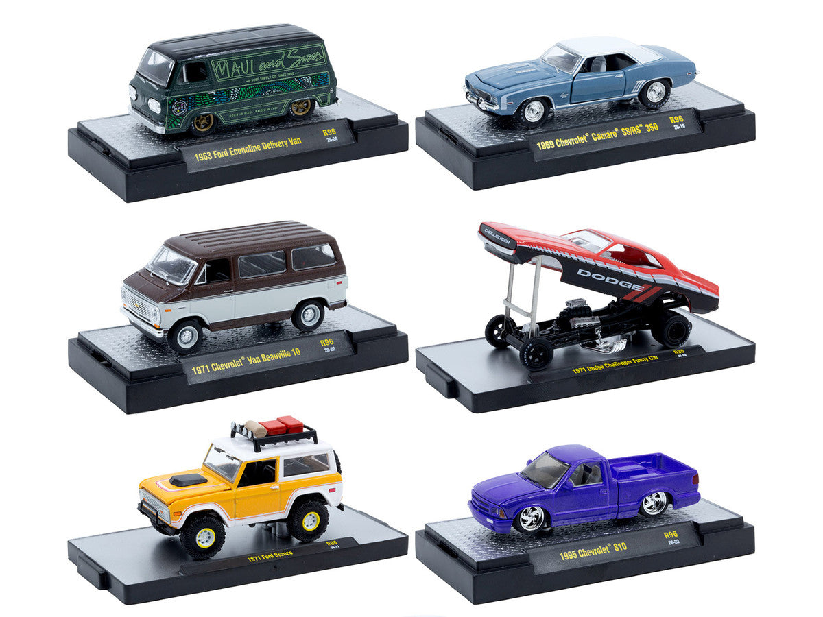 "Auto Meets" Set of 6 Cars IN DISPLAY CASES Release 96 Limited Edition 1/64 Diecast Model Cars by M2 Machines by M2