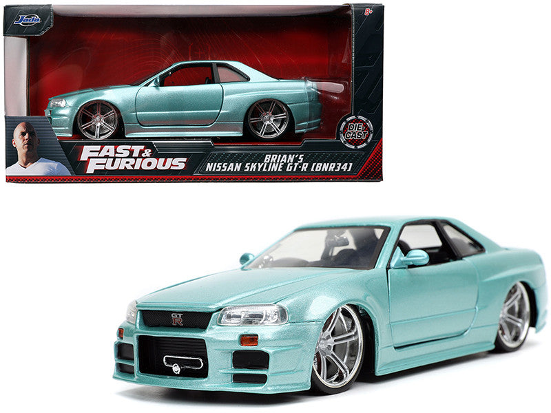 Brian's Nissan Skyline GT-R (BNR34) RHD (Right Hand Drive) Turquoise Metallic "Fast & Furious" Movie 1/24 Diecast Model Car by Jada by Jada