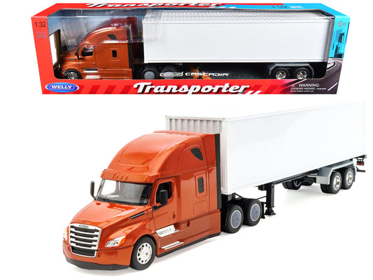 Freightliner Cascadia Truck Bronze Metallic with White Container "Transporter" Series 1/32 Diecast Model by Welly by Welly