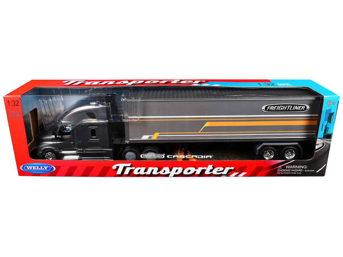 Freightliner Cascadia Truck Gray Metallic with Gray Container with Graphics "Transporter" Series 1/32 Diecast Model by Welly by Welly