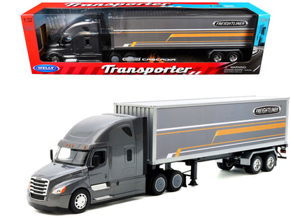 Freightliner Cascadia Truck Gray Metallic with Gray Container with Graphics "Transporter" Series 1/32 Diecast Model by Welly by Welly
