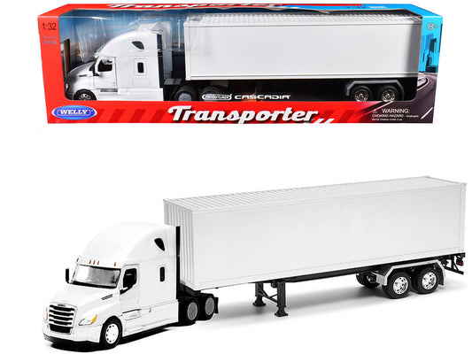 Freightliner Cascadia Truck White with White Container "Transporter" Series 1/32 Diecast Model by Welly by Welly