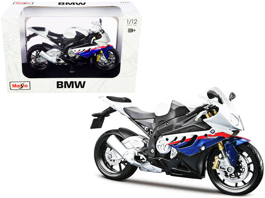 BMW S 1000 RR White with Blue and Red Stripes with Plastic Display Stand 1/12 Diecast Motorcycle Model by Maisto by Maisto