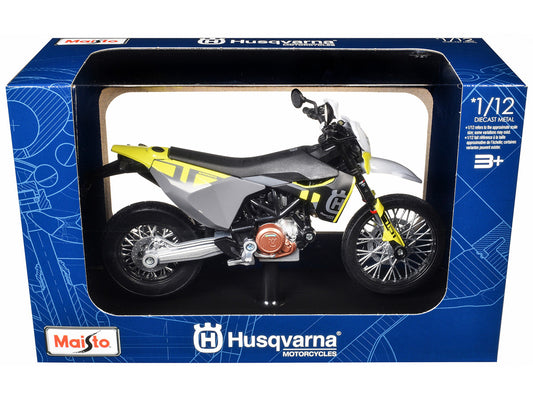 2023 Husqvarna 701 Supermoto Motorcycle Matt Black and Gray with Yellow and White Accents with Display Base 1/12 Diecast Model by Maisto by Maisto