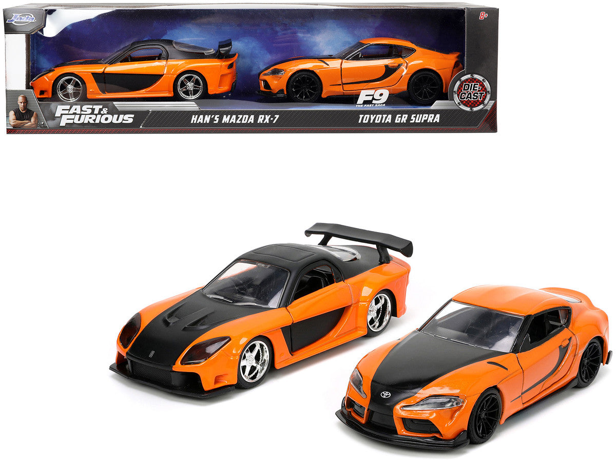 Han's Mazda RX-7 Orange Metallic and Matt Black and Toyota GR Supra Orange Metallic with Black Hood Set of 2 pieces "Fast & Furious" Series 1/32 Diecast Model Cars by Jada by Jada
