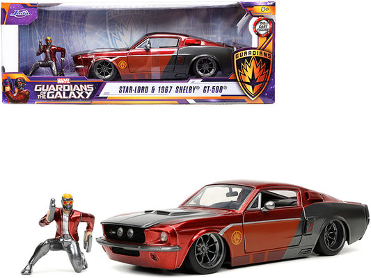 1967 Ford Mustang Shelby GT-500 Red Metallic and Gray Metallic with Star-Lord Diecast Figurine "Guardians of the Galaxy" "Marvel" Series 1/24 Diecast Model Car by Jada by Jada