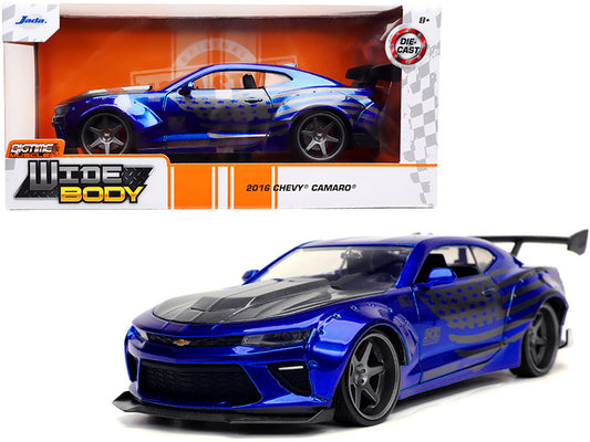2016 Chevrolet Camaro Widebody Candy Blue with Gray Metallic Hood and American Flag Graphics "Bigtime Muscle" Series 1/24 Diecast Model Car by Jada by Jada