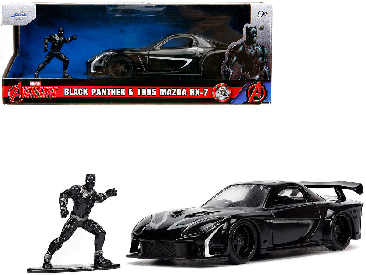 1995 Mazda RX-7 RHD (Right Hand Drive) Black and Black Panther Diecast Figure "The Avengers" "Hollywood Rides" Series 1/32 Diecast Model Car by Jada by Jada