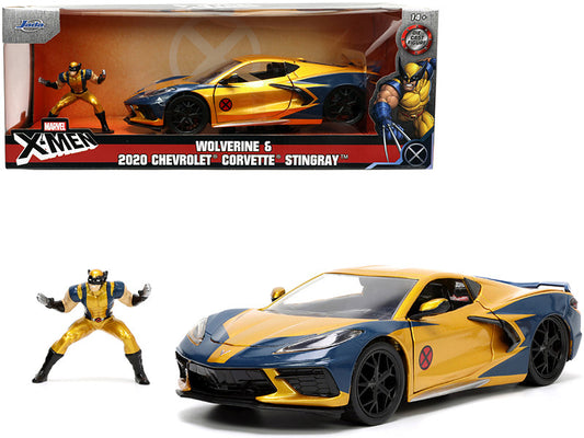 2020 Chevrolet Corvette C8 Stingray Gold Metallic and Dark Blue and Wolverine Diecast Figurine "X-Men" "Marvel" Series "Hollywood Rides" 1/24 Diecast Model Car by Jada by Jada