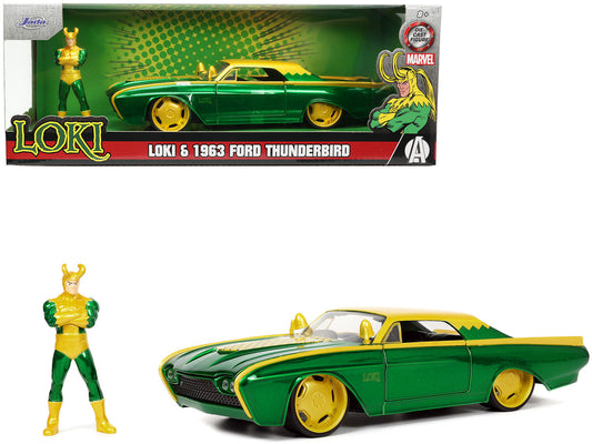 1963 Ford Thunderbird Green and Yellow Metallic with Hood Graphics and Loki Diecast Figure "Loki" "Marvel" Series 1/24 Diecast Model Car by Jada by Jada