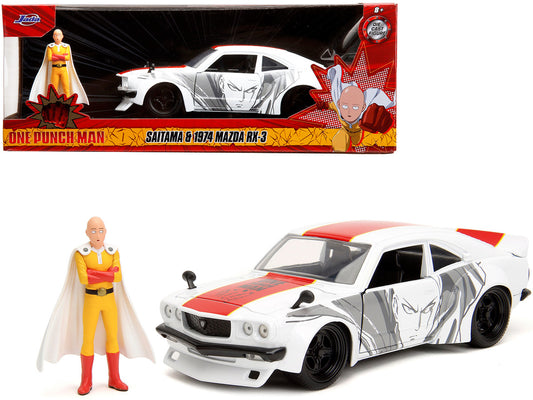 1974 Mazda RX-3 White with Red Stripe and Graphics and Saitama Diecast Figure "One Punch Man" (2015-2019) TV Series 1/24 Diecast Model Car by Jada by Jada