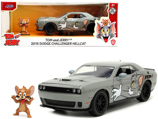 2015 Dodge Challenger Hellcat Gray with "Tom" Graphics and Jerry Diecast Figure "Tom and Jerry" "Hollywood Rides" Series 1/24 Diecast Model Car by Jada by Jada