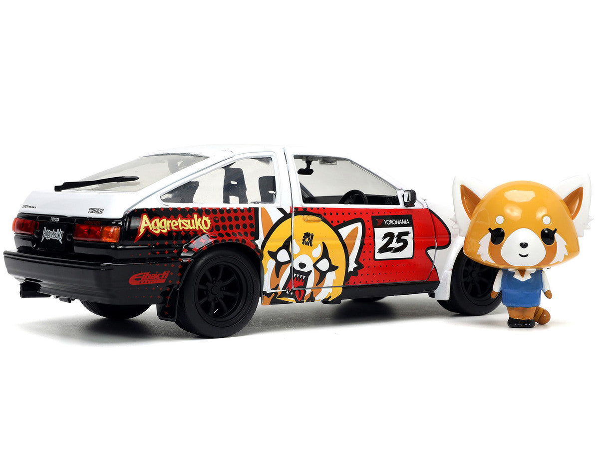 1986 Toyota Trueno (AE86) RHD (Right Hand Drive) #25 White with Graphics and Aggretsuko Diecast Figure "Aggretsuko" "Anime Hollywood Rides" Series 1/24 Diecast Model Car by Jada by Jada