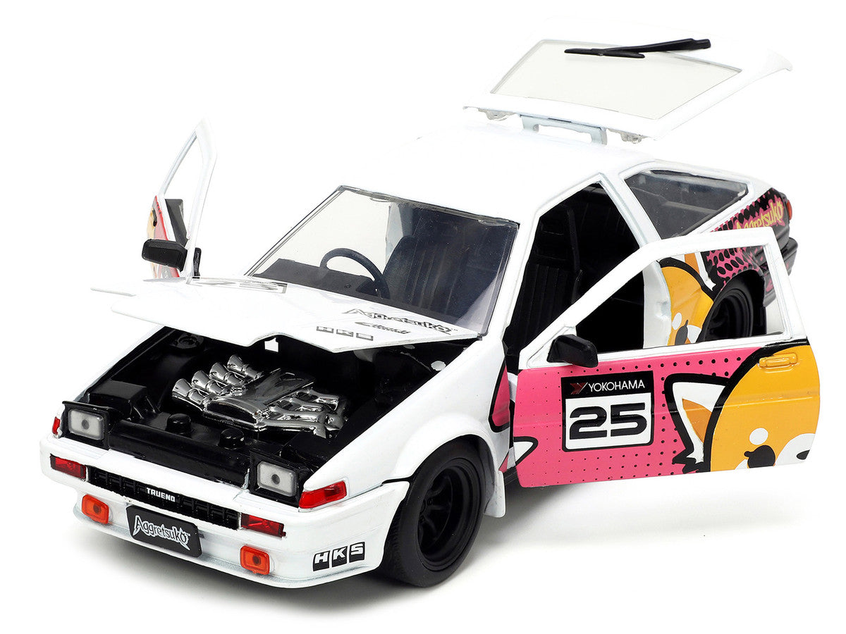 1986 Toyota Trueno (AE86) RHD (Right Hand Drive) #25 White with Graphics and Aggretsuko Diecast Figure "Aggretsuko" "Anime Hollywood Rides" Series 1/24 Diecast Model Car by Jada by Jada