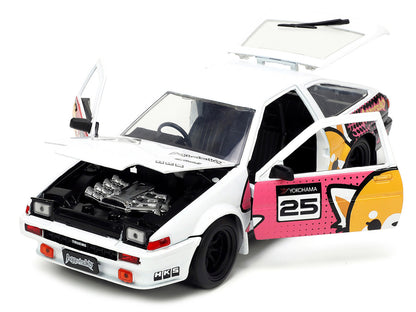 1986 Toyota Trueno (AE86) RHD (Right Hand Drive) #25 White with Graphics and Aggretsuko Diecast Figure "Aggretsuko" "Anime Hollywood Rides" Series 1/24 Diecast Model Car by Jada by Jada