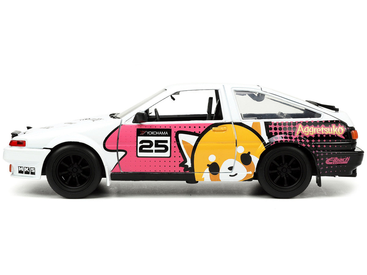 1986 Toyota Trueno (AE86) RHD (Right Hand Drive) #25 White with Graphics and Aggretsuko Diecast Figure "Aggretsuko" "Anime Hollywood Rides" Series 1/24 Diecast Model Car by Jada by Jada