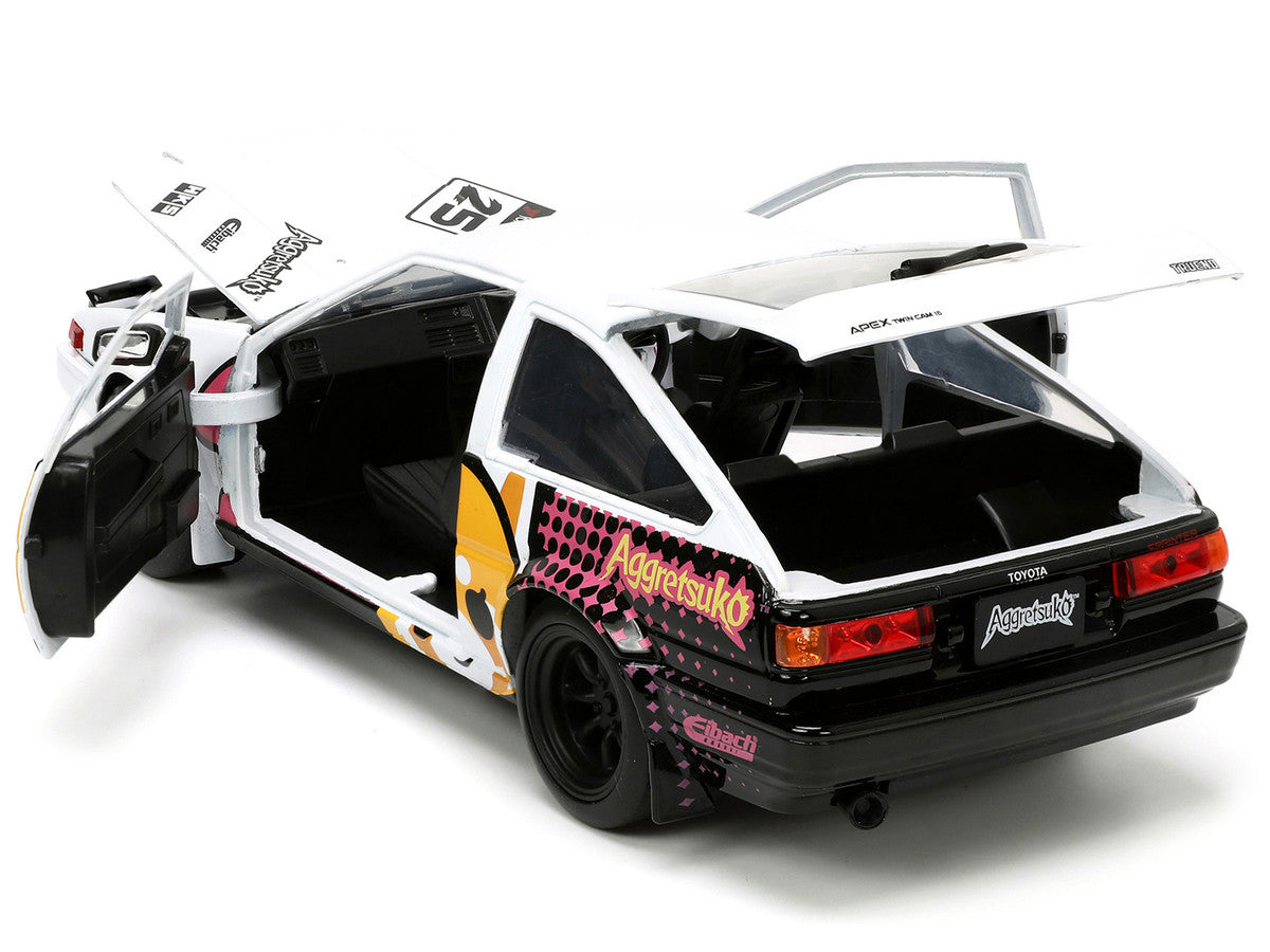 1986 Toyota Trueno (AE86) RHD (Right Hand Drive) #25 White with Graphics and Aggretsuko Diecast Figure "Aggretsuko" "Anime Hollywood Rides" Series 1/24 Diecast Model Car by Jada by Jada